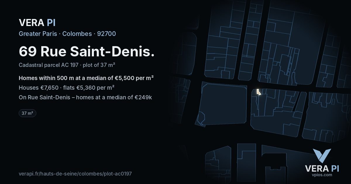69 Rue Saint-Denis, Colombes at night – the plot lit, the parcels around coloured by the prices near them