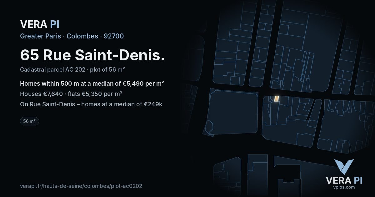65 Rue Saint-Denis, Colombes at night – the plot lit, the parcels around coloured by the prices near them