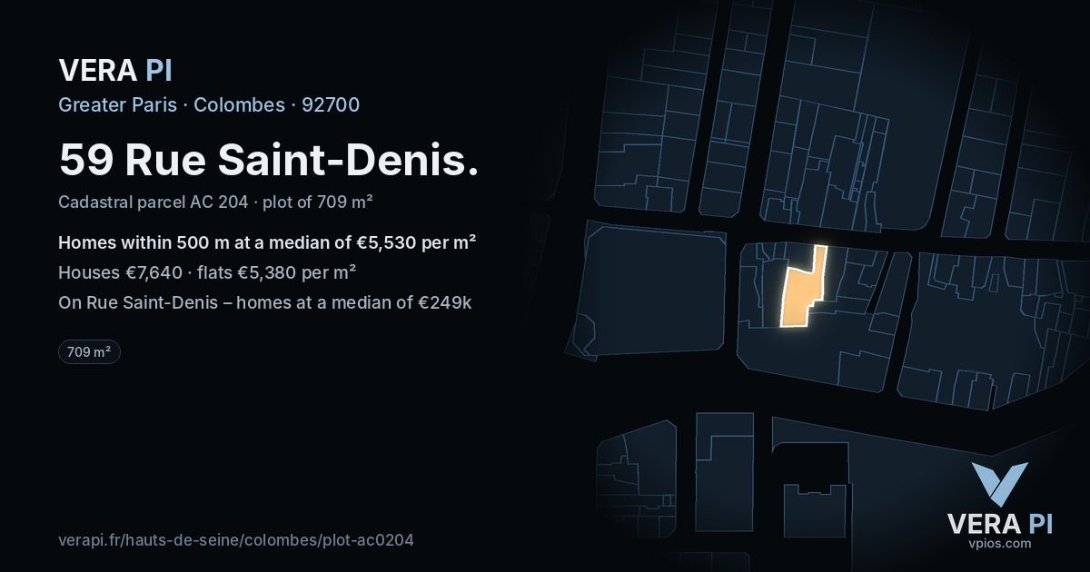 59 Rue Saint-Denis, Colombes at night – the plot lit, the parcels around coloured by the prices near them