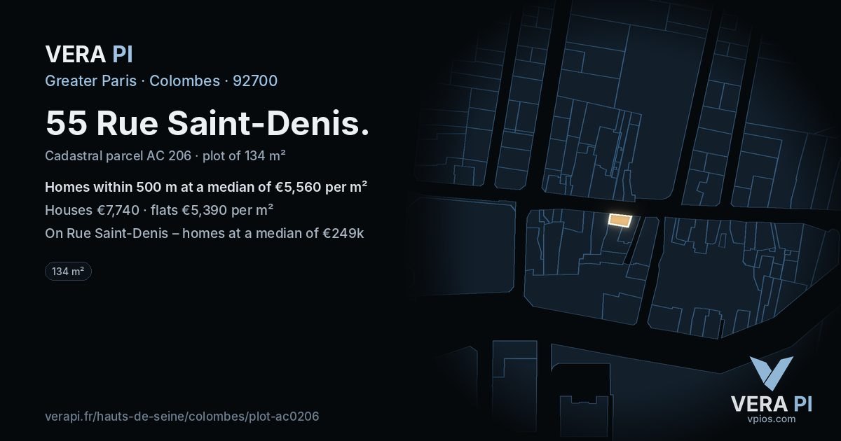 55 Rue Saint-Denis, Colombes at night – the plot lit, the parcels around coloured by the prices near them