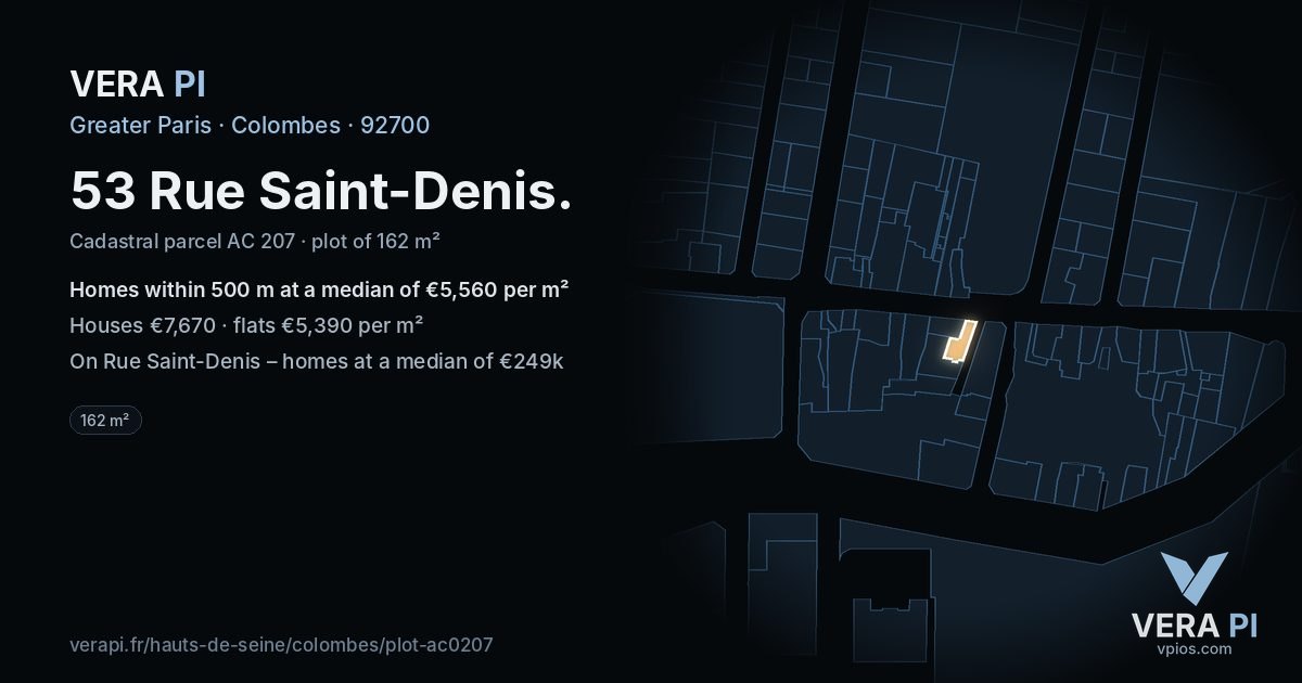 53 Rue Saint-Denis, Colombes at night – the plot lit, the parcels around coloured by the prices near them