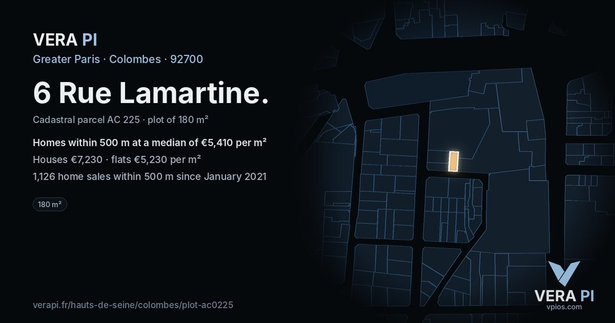 6 Rue Lamartine, Colombes at night – the plot lit, the parcels around coloured by the prices near them