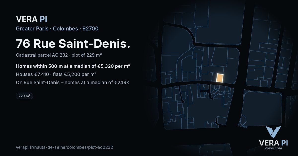 76 Rue Saint-Denis, Colombes at night – the plot lit, the parcels around coloured by the prices near them