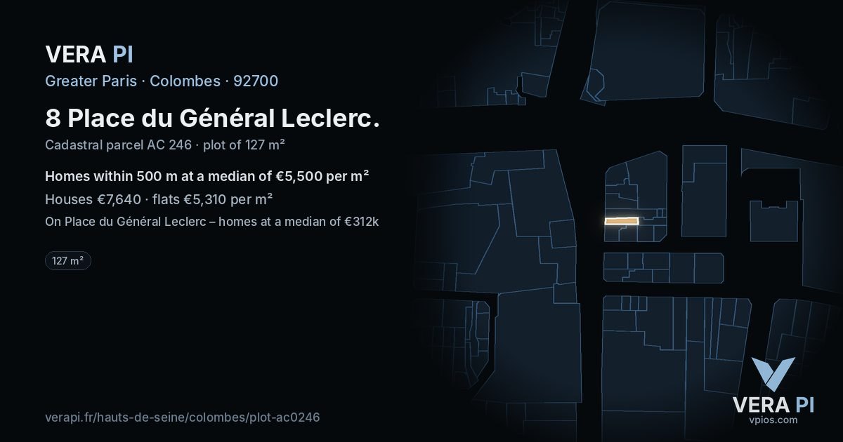 8 Place du Général Leclerc, Colombes at night – the plot lit, the parcels around coloured by the prices near them