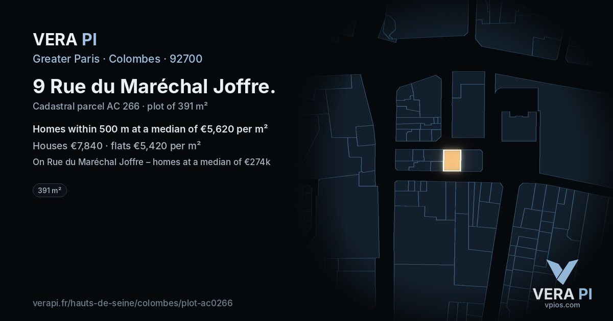 9 Rue du Maréchal Joffre, Colombes at night – the plot lit, the parcels around coloured by the prices near them