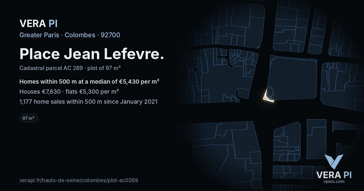 Place Jean Lefevre, Colombes at night – the plot lit, the parcels around coloured by the prices near them