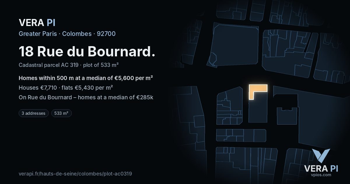 18 Rue du Bournard, Colombes at night – the plot lit, the parcels around coloured by the prices near them