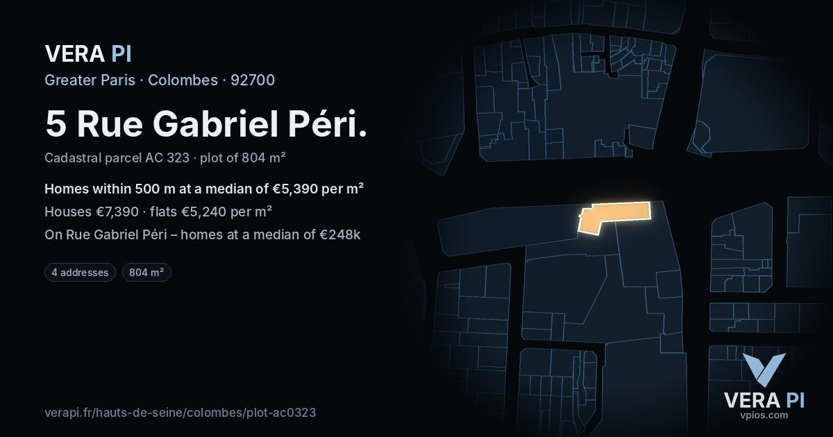 5 Rue Gabriel Péri, Colombes at night – the plot lit, the parcels around coloured by the prices near them