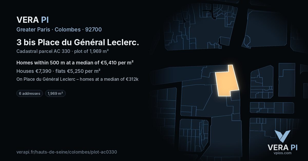 3 bis Place du Général Leclerc, Colombes at night – the plot lit, the parcels around coloured by the prices near them