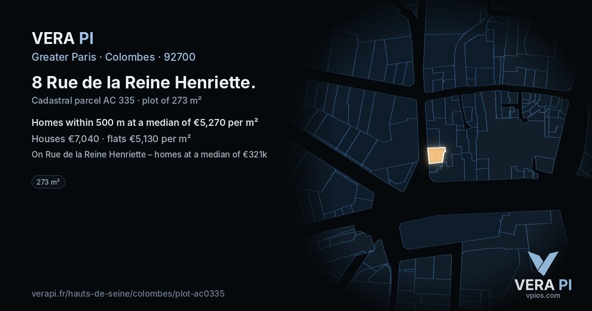 8 Rue de la Reine Henriette, Colombes at night – the plot lit, the parcels around coloured by the prices near them