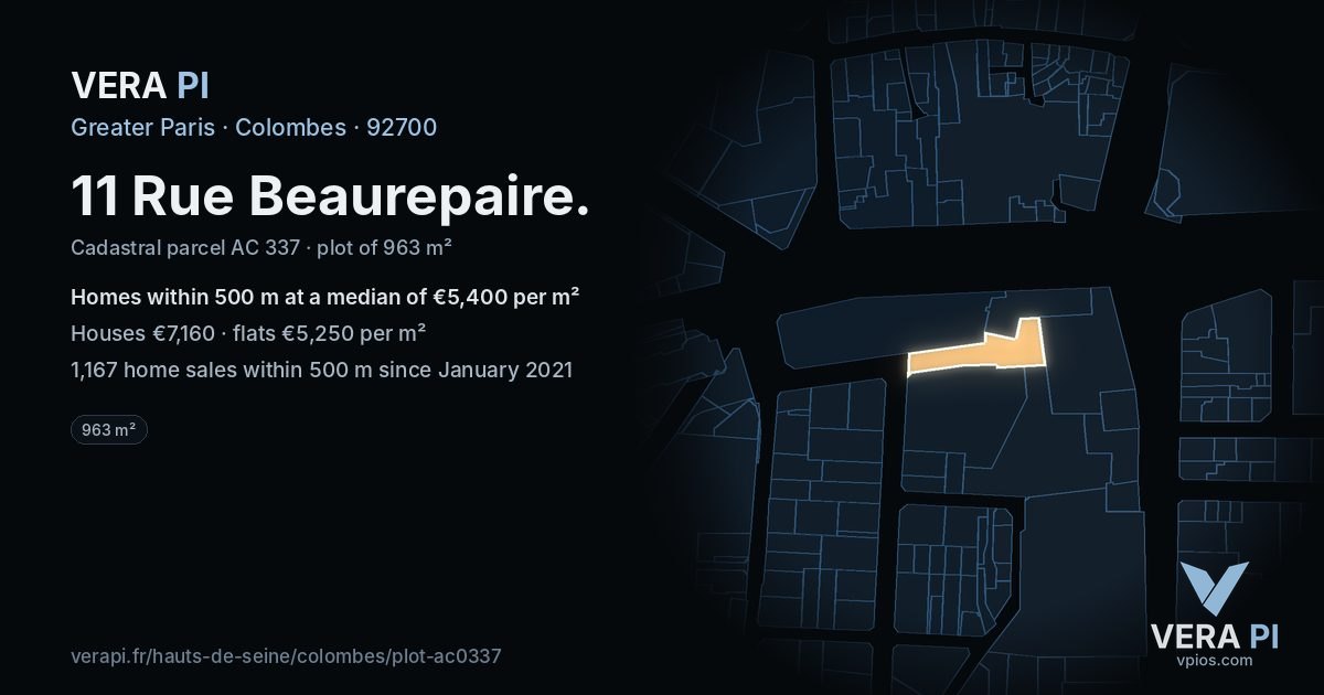 11 Rue Beaurepaire, Colombes at night – the plot lit, the parcels around coloured by the prices near them