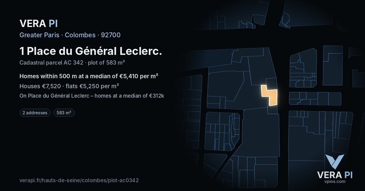 1 Place du Général Leclerc, Colombes at night – the plot lit, the parcels around coloured by the prices near them