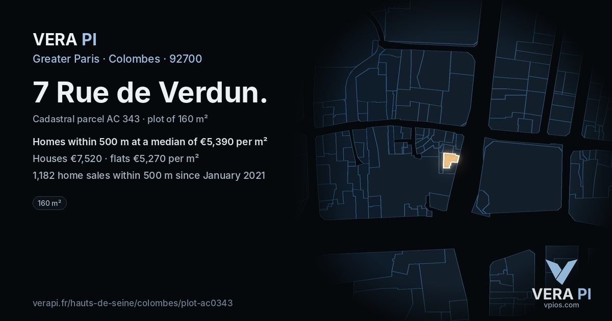 7 Rue de Verdun, Colombes at night – the plot lit, the parcels around coloured by the prices near them