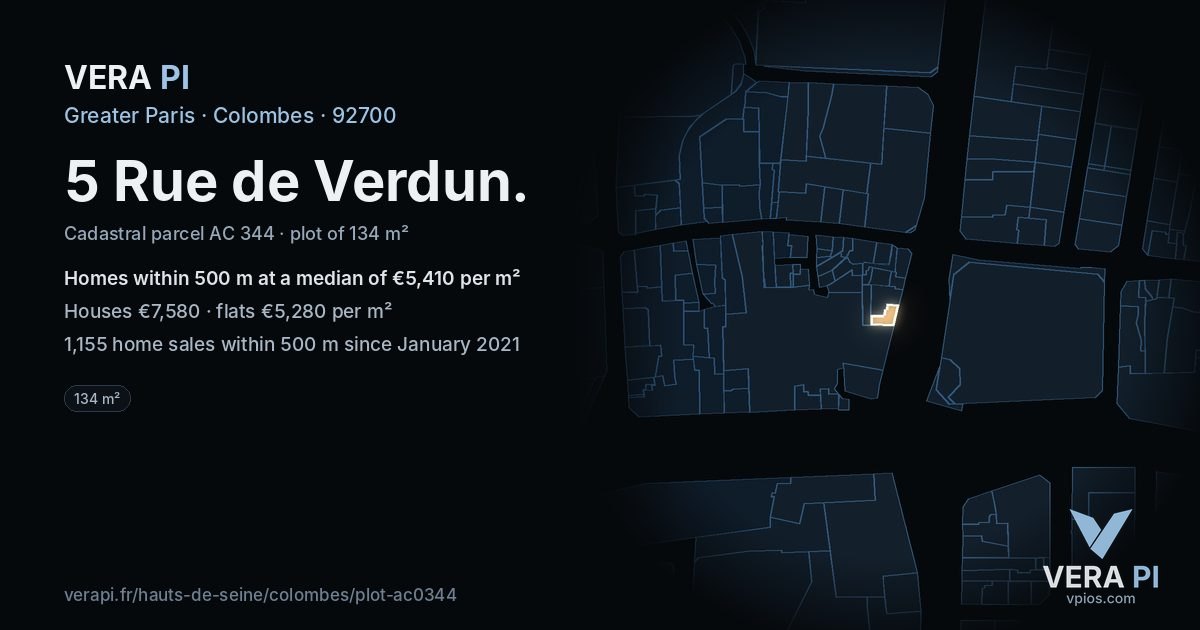 5 Rue de Verdun, Colombes at night – the plot lit, the parcels around coloured by the prices near them