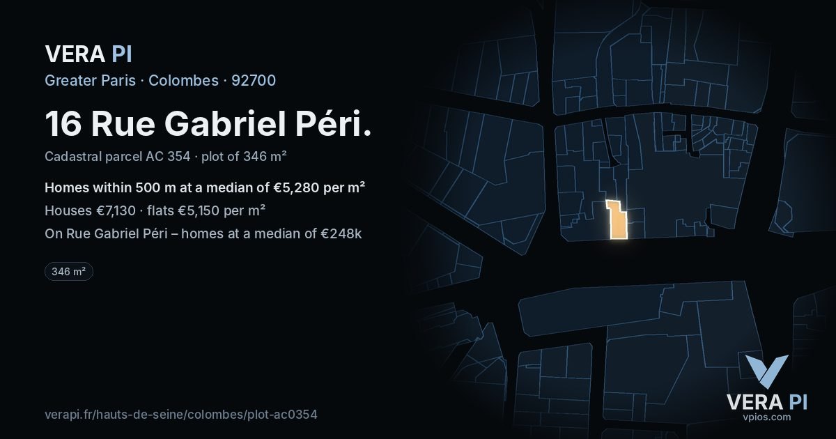 16 Rue Gabriel Péri, Colombes at night – the plot lit, the parcels around coloured by the prices near them