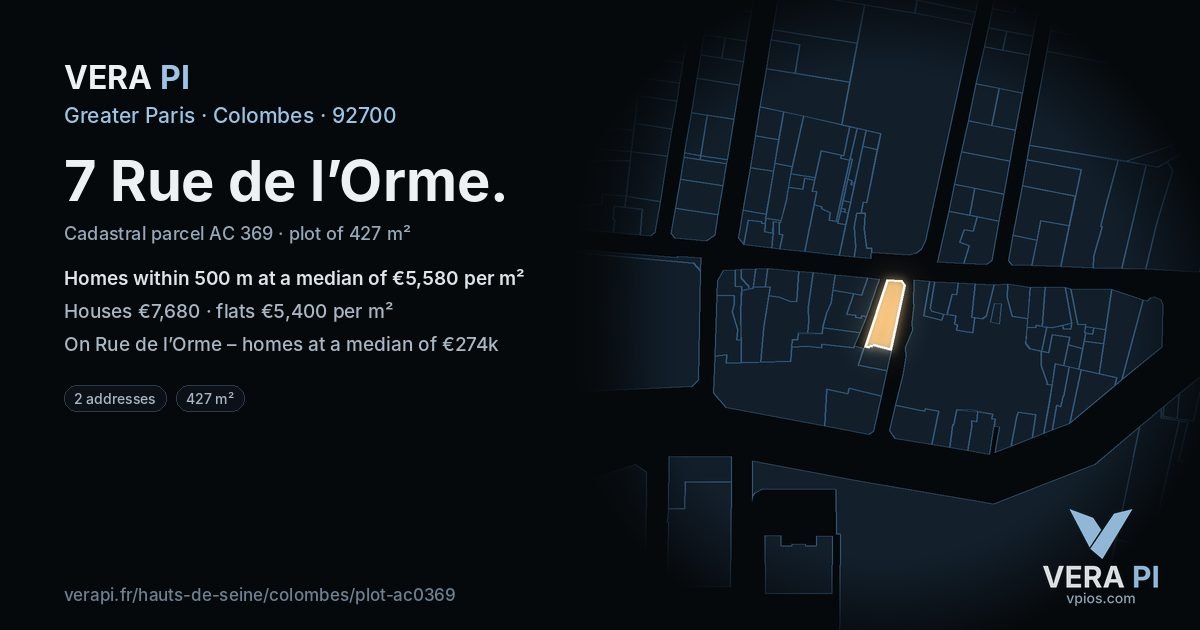 7 Rue de l’Orme, Colombes at night – the plot lit, the parcels around coloured by the prices near them