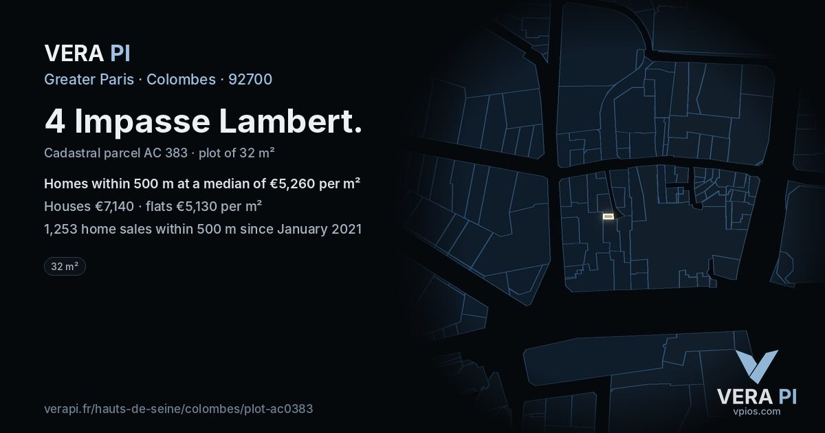 4 Impasse Lambert, Colombes at night – the plot lit, the parcels around coloured by the prices near them