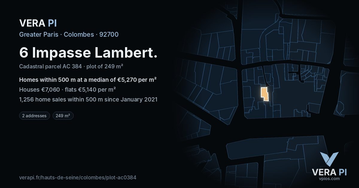 6 Impasse Lambert, Colombes at night – the plot lit, the parcels around coloured by the prices near them