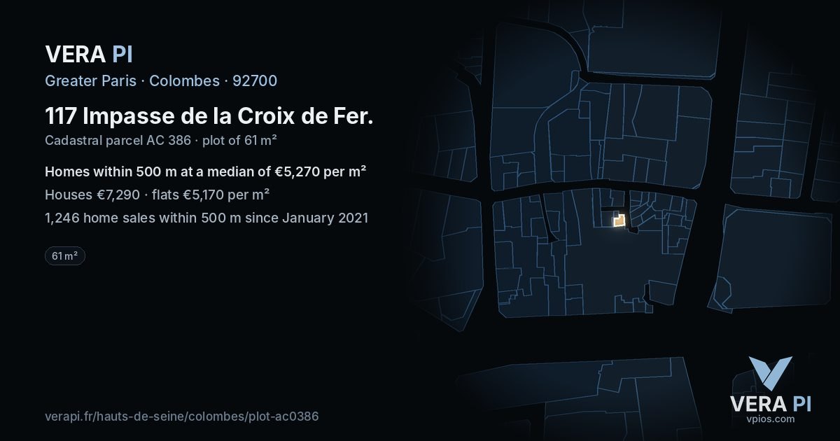 117 Impasse de la Croix de Fer, Colombes at night – the plot lit, the parcels around coloured by the prices near them