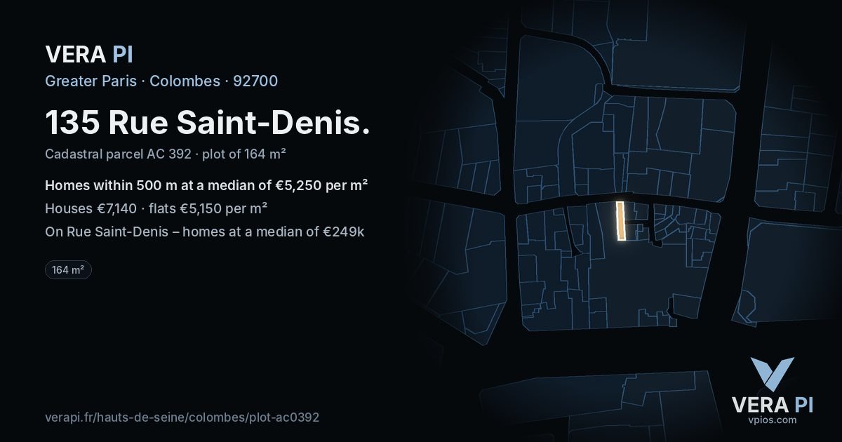 135 Rue Saint-Denis, Colombes at night – the plot lit, the parcels around coloured by the prices near them
