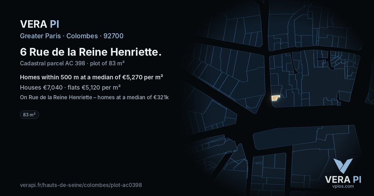 6 Rue de la Reine Henriette, Colombes at night – the plot lit, the parcels around coloured by the prices near them