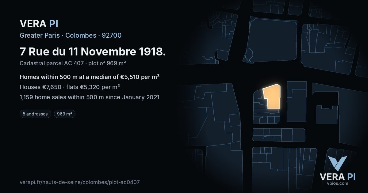 7 Rue du 11 Novembre 1918, Colombes at night – the plot lit, the parcels around coloured by the prices near them