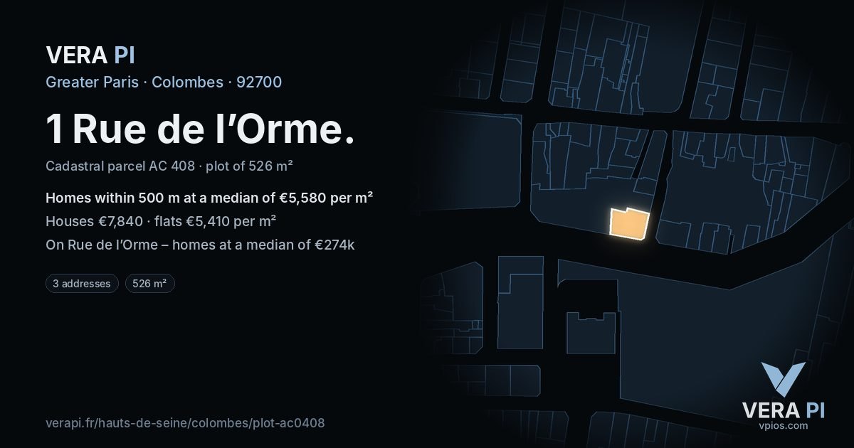 1 Rue de l’Orme, Colombes at night – the plot lit, the parcels around coloured by the prices near them