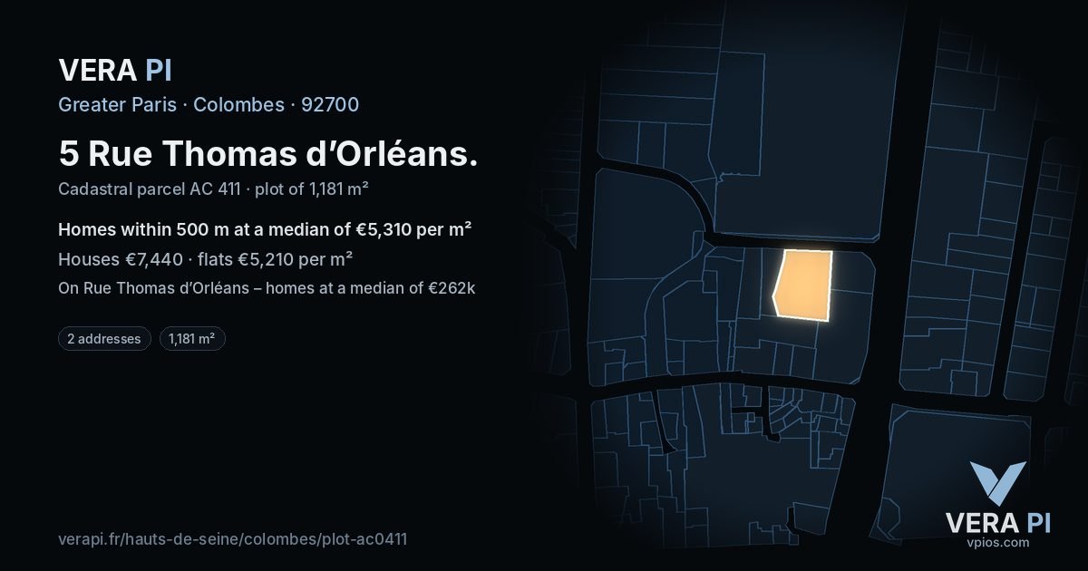 5 Rue Thomas d’Orléans, Colombes at night – the plot lit, the parcels around coloured by the prices near them