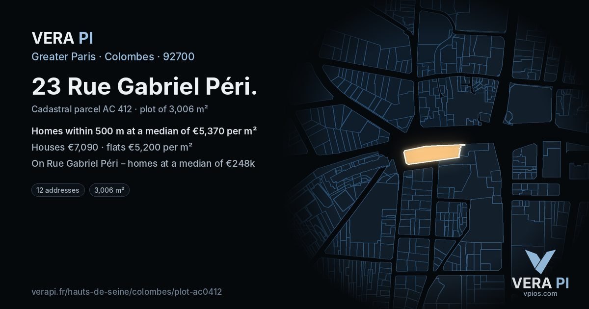 23 Rue Gabriel Péri, Colombes at night – the plot lit, the parcels around coloured by the prices near them