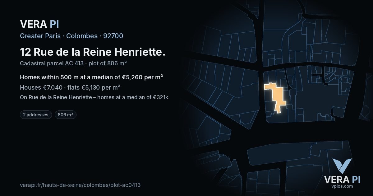 12 Rue de la Reine Henriette, Colombes at night – the plot lit, the parcels around coloured by the prices near them