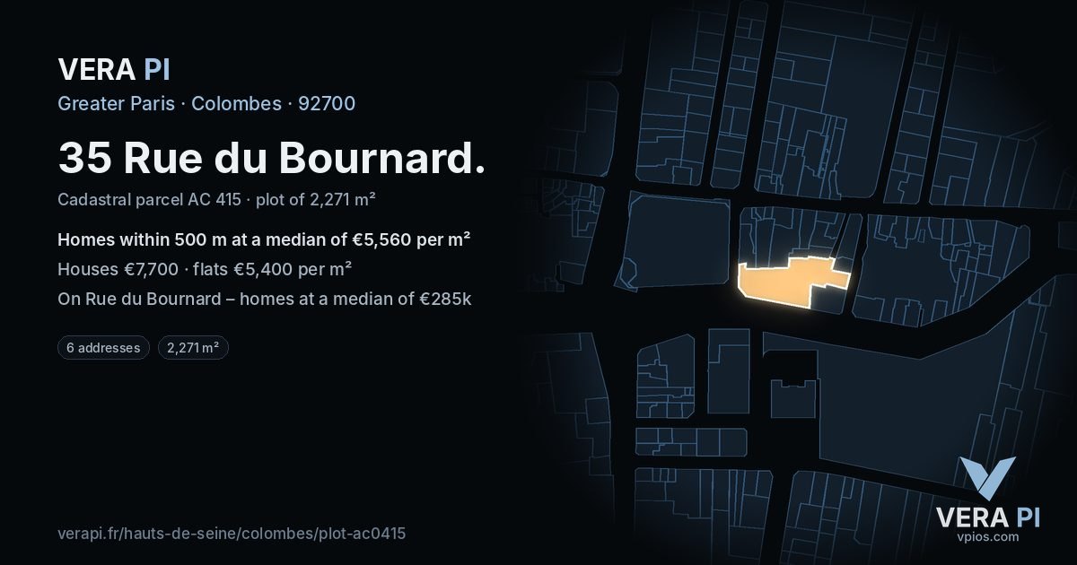 35 Rue du Bournard, Colombes at night – the plot lit, the parcels around coloured by the prices near them