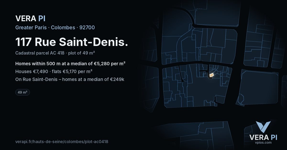 117 Rue Saint-Denis, Colombes at night – the plot lit, the parcels around coloured by the prices near them