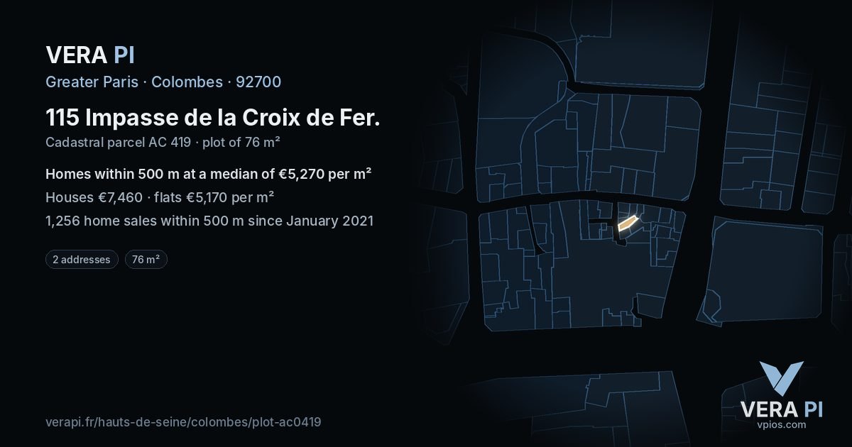 115 Impasse de la Croix de Fer, Colombes at night – the plot lit, the parcels around coloured by the prices near them