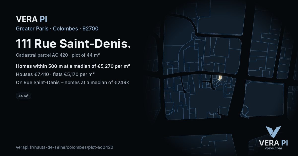 111 Rue Saint-Denis, Colombes at night – the plot lit, the parcels around coloured by the prices near them