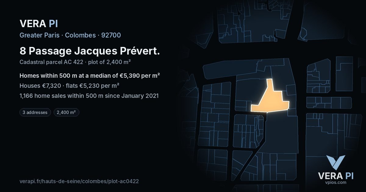 8 Passage Jacques Prévert, Colombes at night – the plot lit, the parcels around coloured by the prices near them