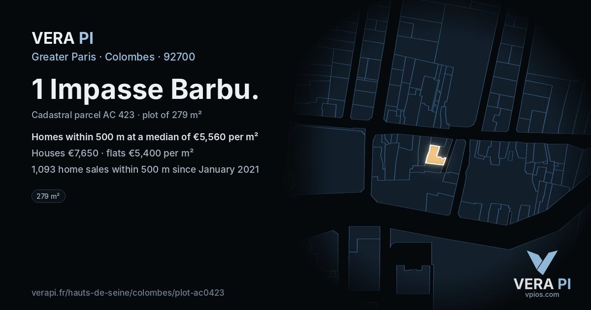 1 Impasse Barbu, Colombes at night – the plot lit, the parcels around coloured by the prices near them