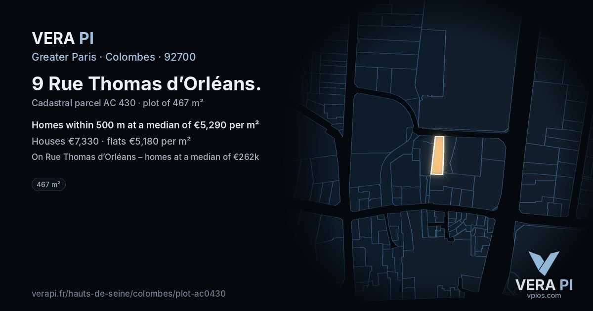 9 Rue Thomas d’Orléans, Colombes at night – the plot lit, the parcels around coloured by the prices near them