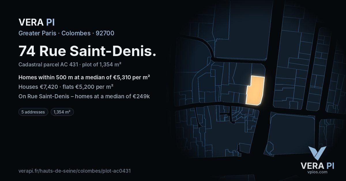 74 Rue Saint-Denis, Colombes at night – the plot lit, the parcels around coloured by the prices near them
