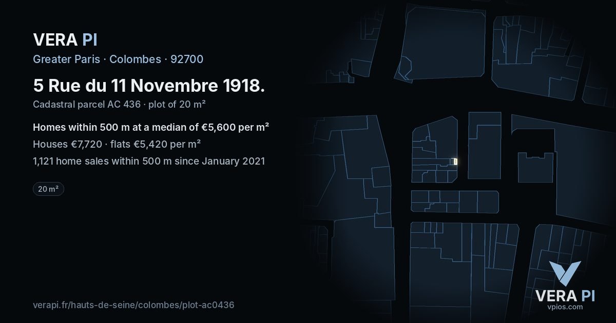 5 Rue du 11 Novembre 1918, Colombes at night – the plot lit, the parcels around coloured by the prices near them