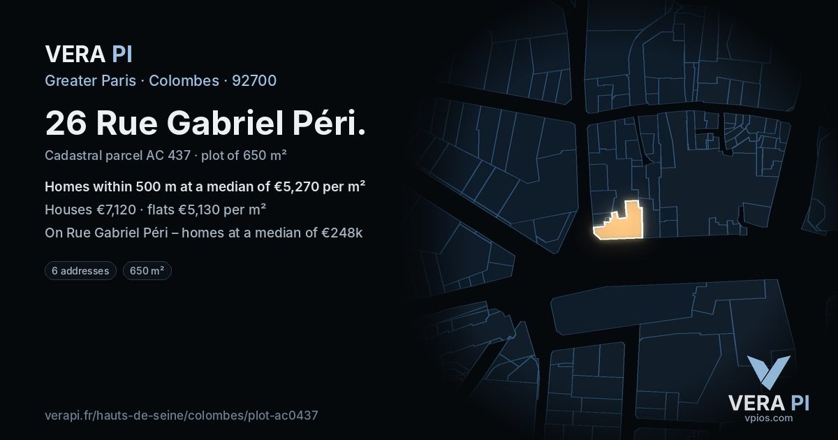 26 Rue Gabriel Péri, Colombes at night – the plot lit, the parcels around coloured by the prices near them