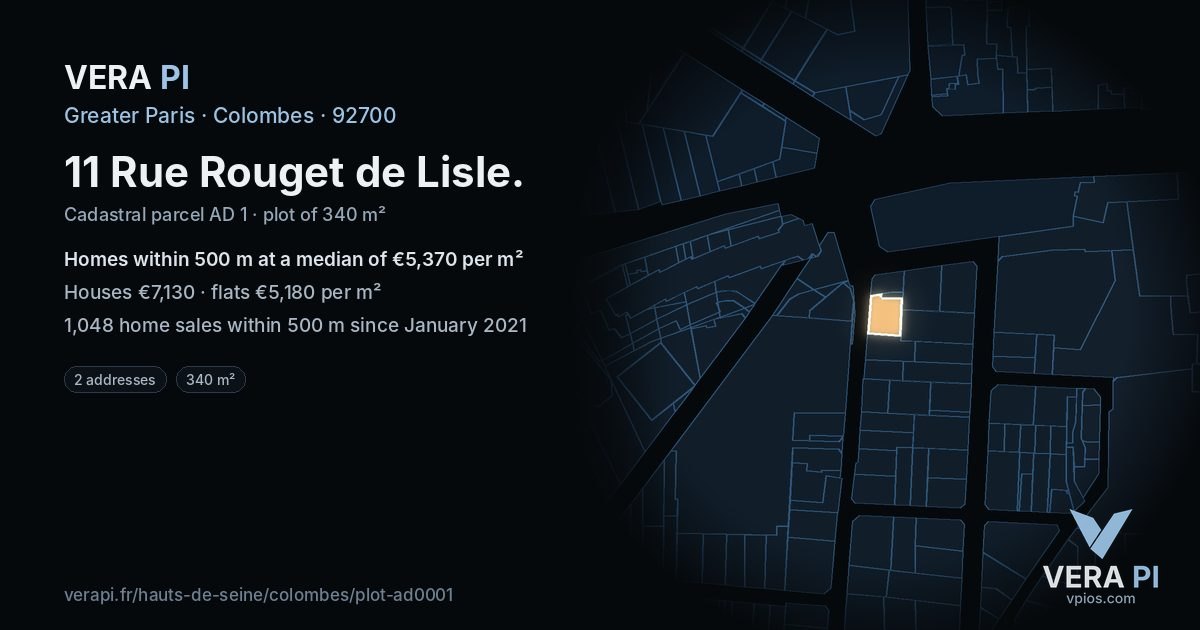 11 Rue Rouget de Lisle, Colombes at night – the plot lit, the parcels around coloured by the prices near them