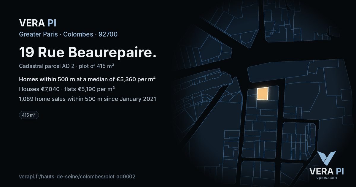 19 Rue Beaurepaire, Colombes at night – the plot lit, the parcels around coloured by the prices near them