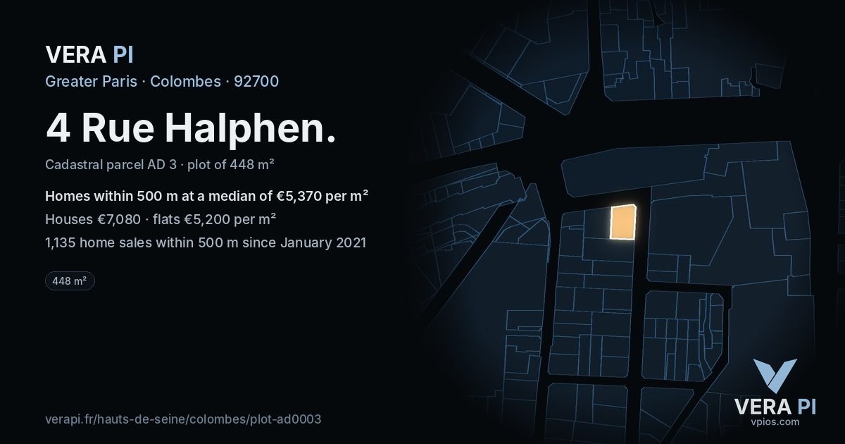 4 Rue Halphen, Colombes at night – the plot lit, the parcels around coloured by the prices near them