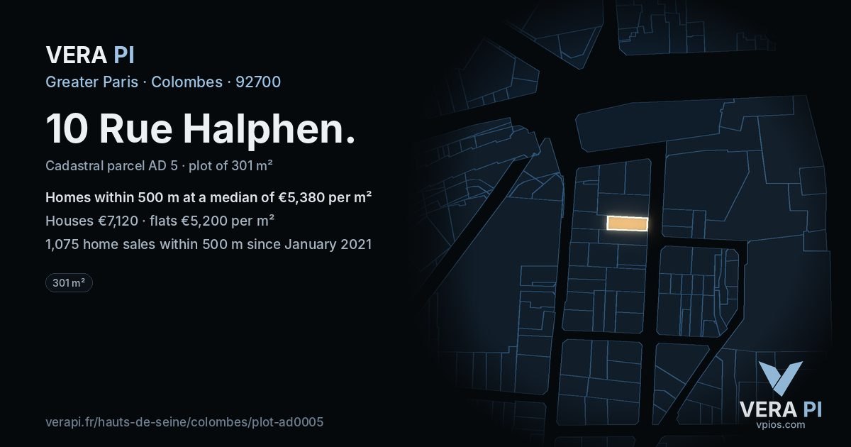 10 Rue Halphen, Colombes at night – the plot lit, the parcels around coloured by the prices near them