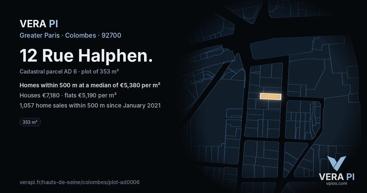 12 Rue Halphen, Colombes at night – the plot lit, the parcels around coloured by the prices near them