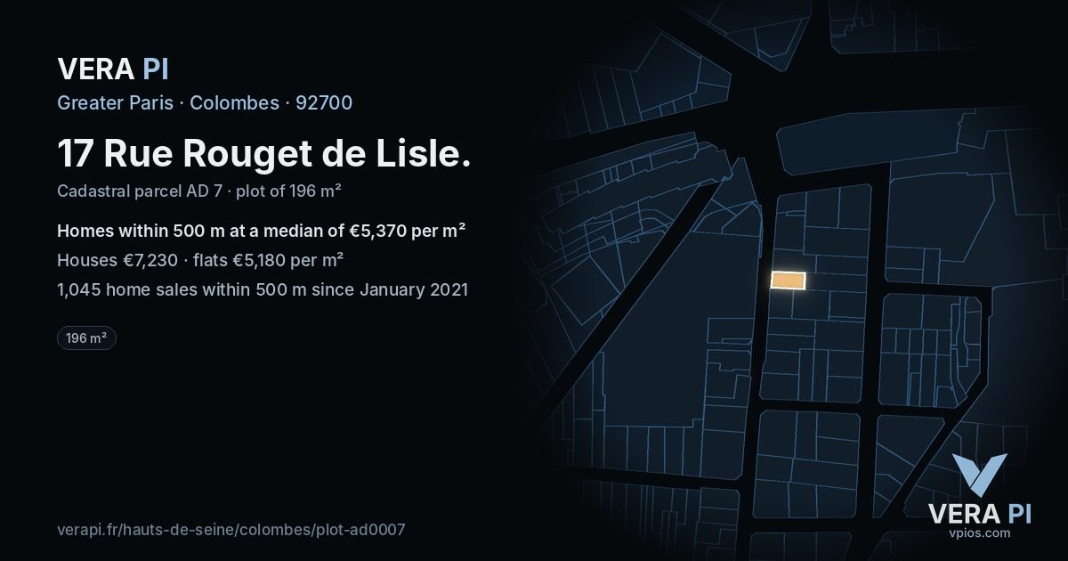 17 Rue Rouget de Lisle, Colombes at night – the plot lit, the parcels around coloured by the prices near them