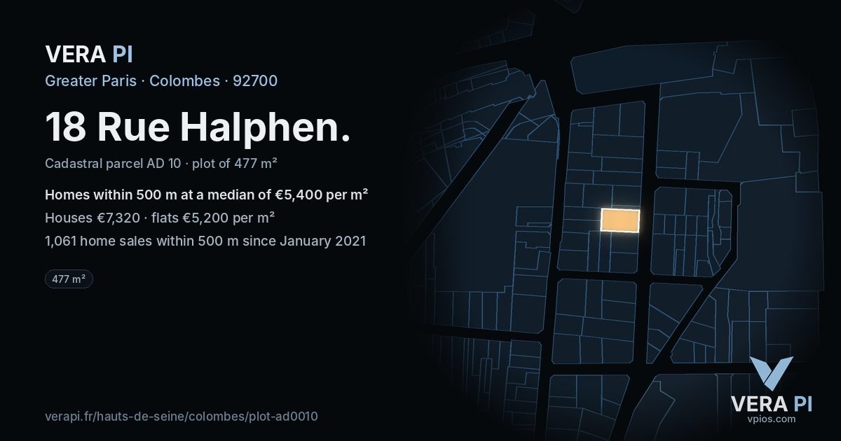 18 Rue Halphen, Colombes at night – the plot lit, the parcels around coloured by the prices near them