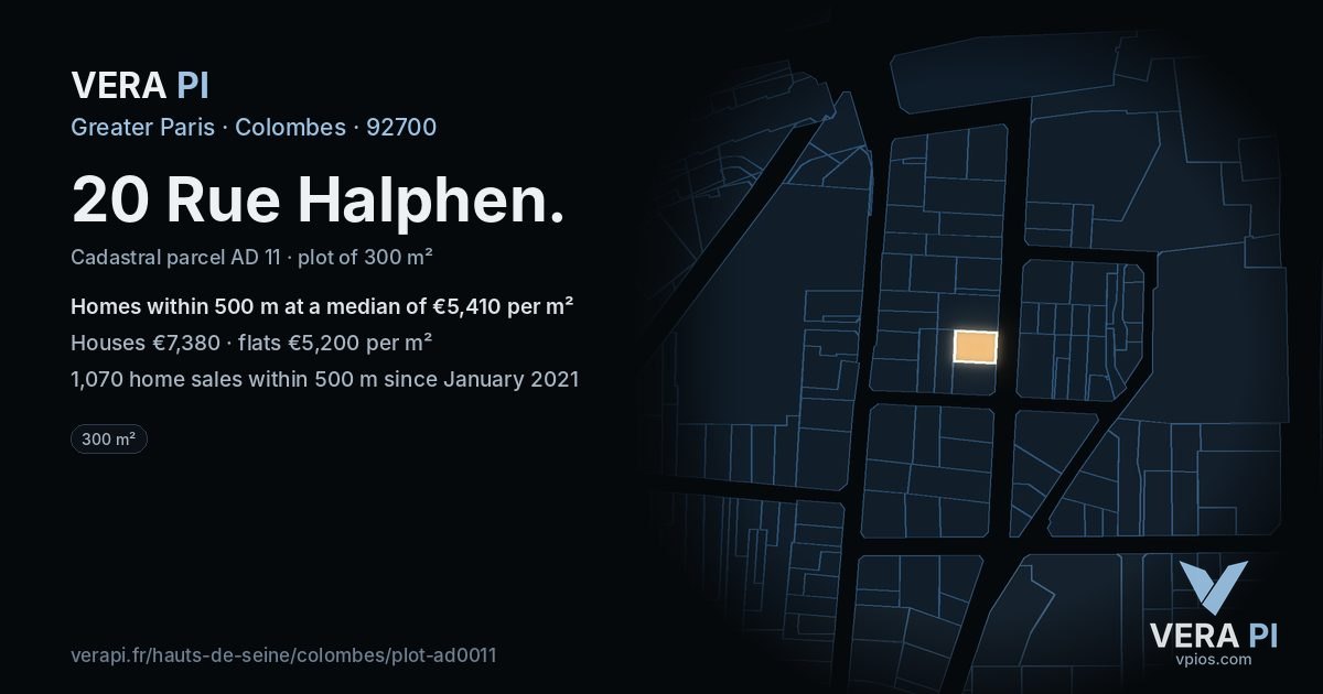 20 Rue Halphen, Colombes at night – the plot lit, the parcels around coloured by the prices near them