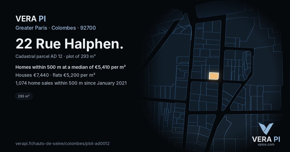 22 Rue Halphen, Colombes at night – the plot lit, the parcels around coloured by the prices near them