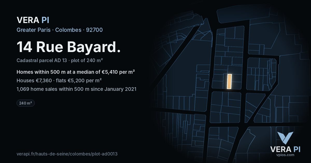 14 Rue Bayard, Colombes at night – the plot lit, the parcels around coloured by the prices near them